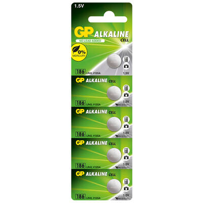 GP Batteries GP186 LR43/186/V12Ga Boy Alkalin Düğme Pil, 1.5 Volt, 5'li Kart - 1