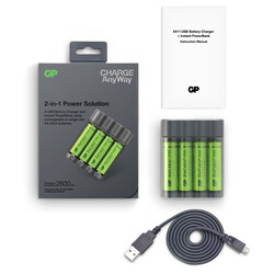 GP Batteries GPX411 ChargeAnyWay 2-in-1 Pil Şarj Cihazı + Anlık Powerbank ve Recyko+ 4 Adet 2700 AA Kalem Pilli Set - Thumbnail
