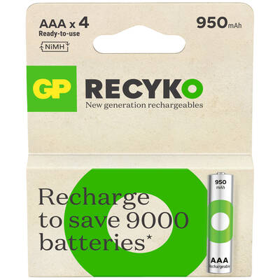 GP Batteries ReCyko 950mAh AAA İnce Kalem Ni-Mh Şarjlı Pil, 1.2 Volt, 4'lü Kart - 1