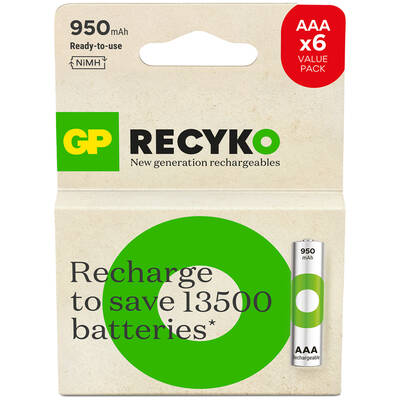 GP Batteries ReCyko 950mAh AAA İnce Kalem Ni-Mh Şarjlı Pil, 1.2 Volt, 6'Lı Kart - 1