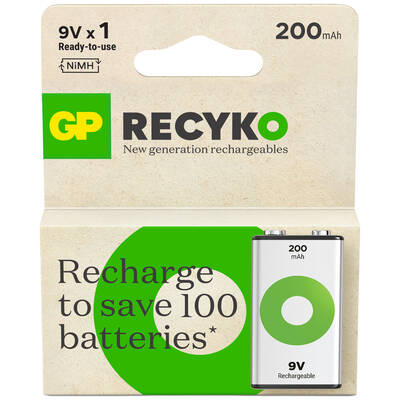 GP Batteries ReCyko 200mAh 9V Boy Ni-Mh Şarjlı Pil, 8.4 Volt, Tekli Kart - 1