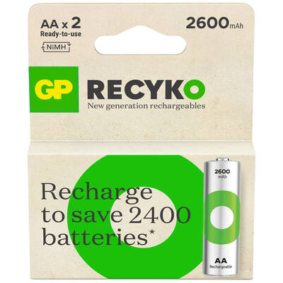GP Batteries ReCyko 2600mAh AA Kalem Ni-Mh Şarjlı Pil, 1.2 Volt, 2'li Kart - 1