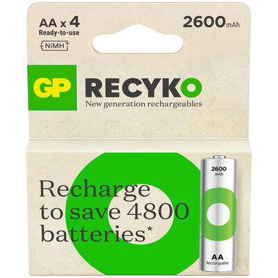 GP Batteries Recyko 2600mAh AA Kalem Ni-MH Şarjlı Pil, 1.2 Volt, 4'lü Kart - 1