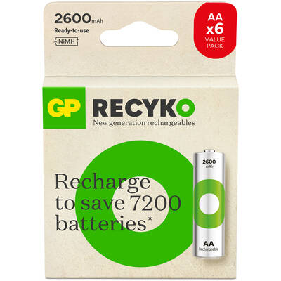 GP Batteries ReCyko 2600mAh AA Kalem Ni-Mh Şarjlı Pil, 1.2 Volt, 6'lı Kart - 1