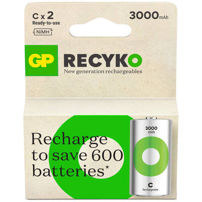 GP Batteries ReCyko 3000mAh C Boy Ni-Mh Şarjlı Pil, 1.2 Volt, 2'li Kart - 1