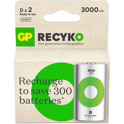 GP Batteries ReCyko 3000mAh D Boy Ni-Mh Şarjlı Pil, 1.2 Volt, 2'li Kart - 1