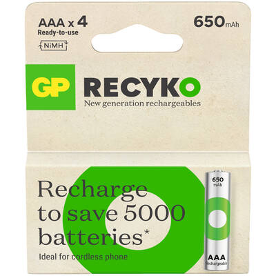 GP Batteries ReCyko 650mAh AAA İnce Kalem Ni-Mh Şarjlı Pil, 1.2 Volt, 4'lü Kart - 1