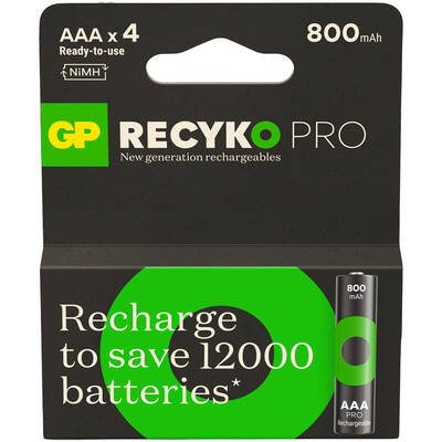 GP Batteries ReCyko Pro 800mAh AAA İnce Ni-Mh Şarjlı Pil, 1.2 Volt, 4'lü Kart - 1