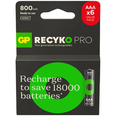 GP Batteries ReCyko Pro 800mAh AAA İnce Ni-Mh Şarjlı Pil, 1.2 Volt, 6'lı Kart - 1