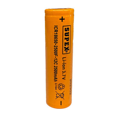 Supex ICR18650-2500F-12C Lityum Ion 3.7V 2500mAh 12C Deşarj Akımı Düz Kafa Pil - 1