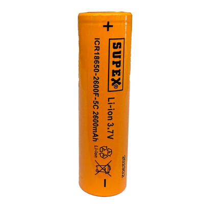 Supex ICR18650-2600F-5C Li-Ion 3.7V 2600mAh 5C Deşarj Akımı Düz Kafa Pil - 1